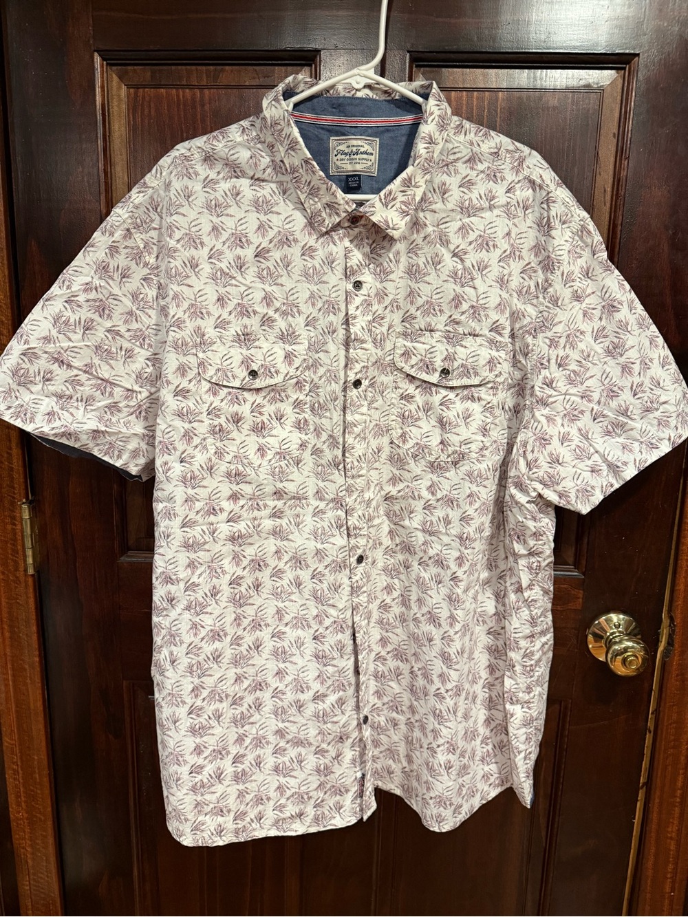 Flag & Anthem White Short-Sleeve Button-Up with Light Purple Leaf Print